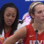 Stephanie White SHOWS OFF her Kelsey Mitchell ‘MVP’ shirt after Fever LOSE to Lynx